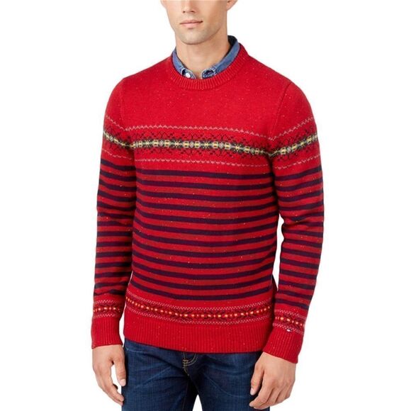 Tommy Hilfiger Red Navy Stripe Fair Isle Pullover Sweater Cotton Wool Size Large - Picture 1 of 9